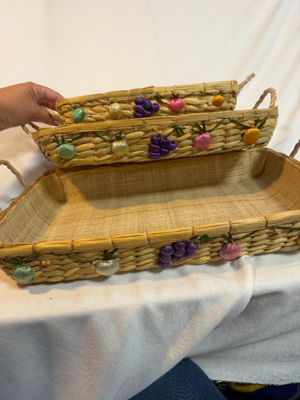 Vintage Nesting Baskets Set 3 Woven Straw Raffia Fruit Casserole Carrier Boho